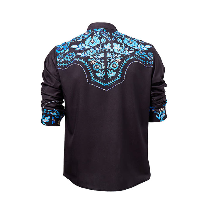 Camicia elegante da uomo in stile western con stampa floreale nera e blu. - image 9