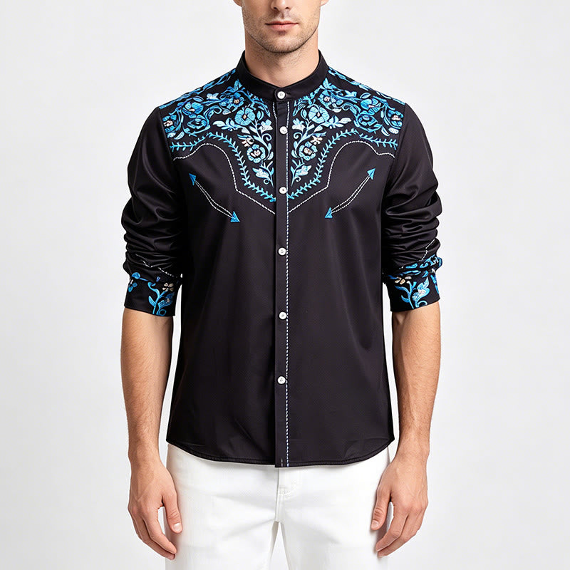 Camicia elegante da uomo in stile western con stampa floreale nera e blu. - image 1