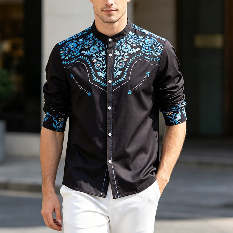 Camicia elegante da uomo in stile western con stampa floreale nera e blu. - Nero e Blu - 6XL - image 0