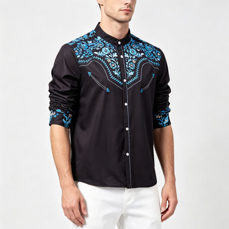 Camicia elegante da uomo in stile western con stampa floreale nera e blu. - image 2
