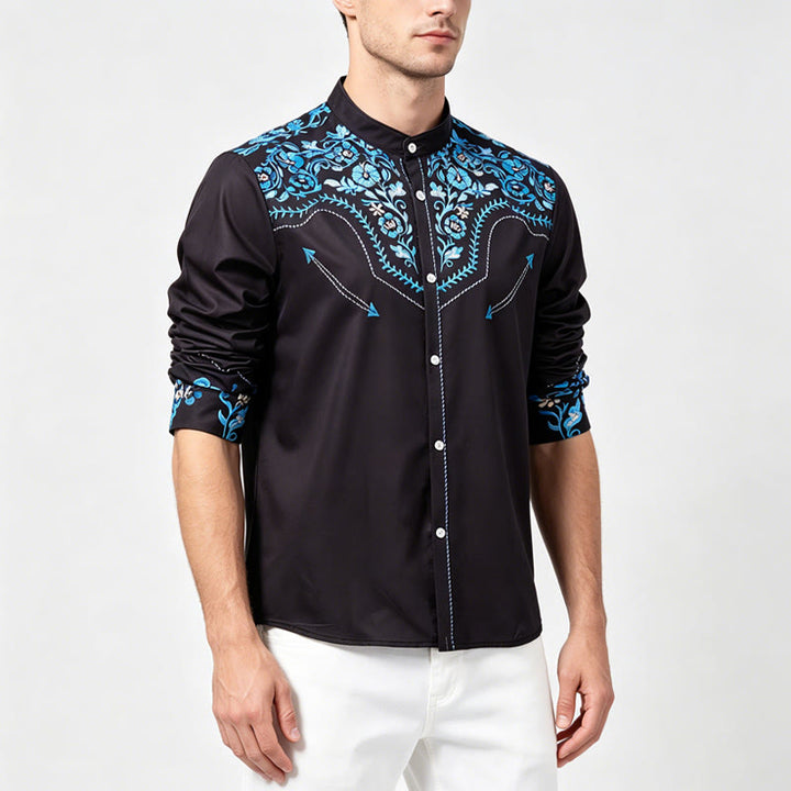 Camicia elegante da uomo in stile western con stampa floreale nera e blu. - image 2