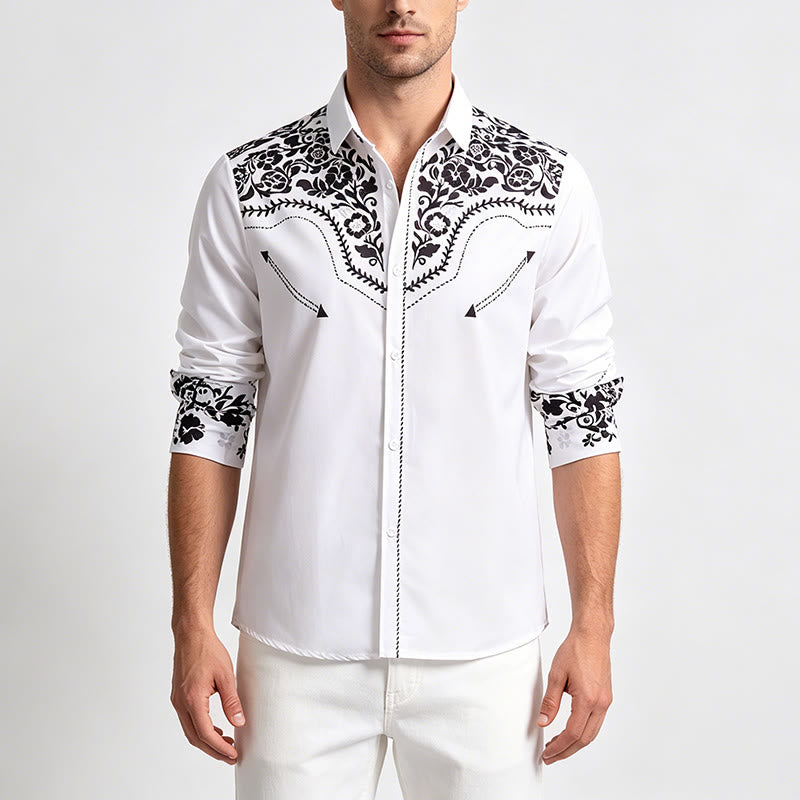 Camicia elegante da uomo in stile western con stampa floreale bianca e nera - image 1