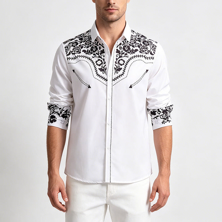 Camicia elegante da uomo in stile western con stampa floreale bianca e nera - image 1