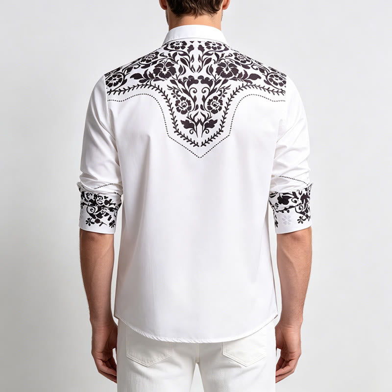 Camicia elegante da uomo in stile western con stampa floreale bianca e nera - image 3