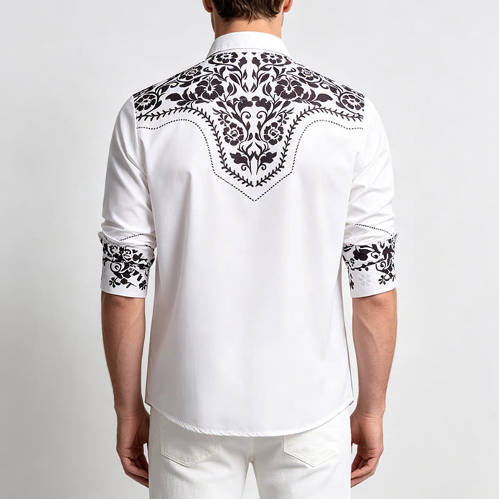 Camicia elegante da uomo in stile western con stampa floreale bianca e nera - image 3