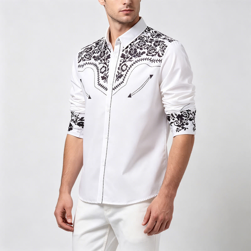 Camicia elegante da uomo in stile western con stampa floreale bianca e nera - image 2