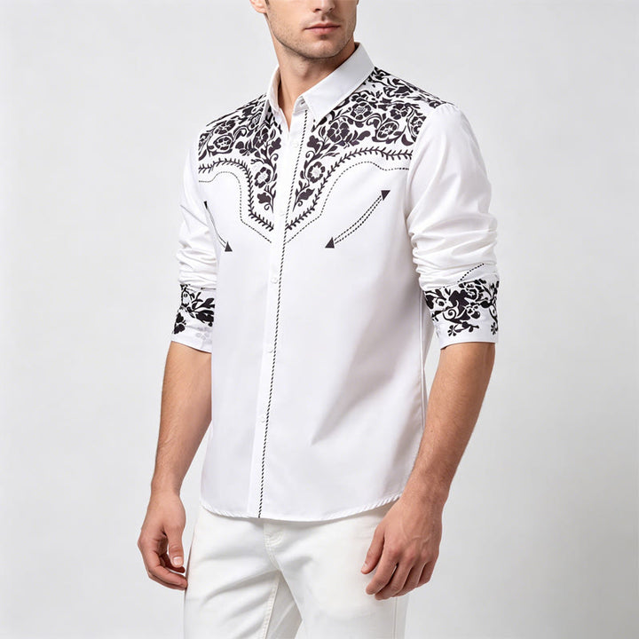 Camicia elegante da uomo in stile western con stampa floreale bianca e nera - image 2