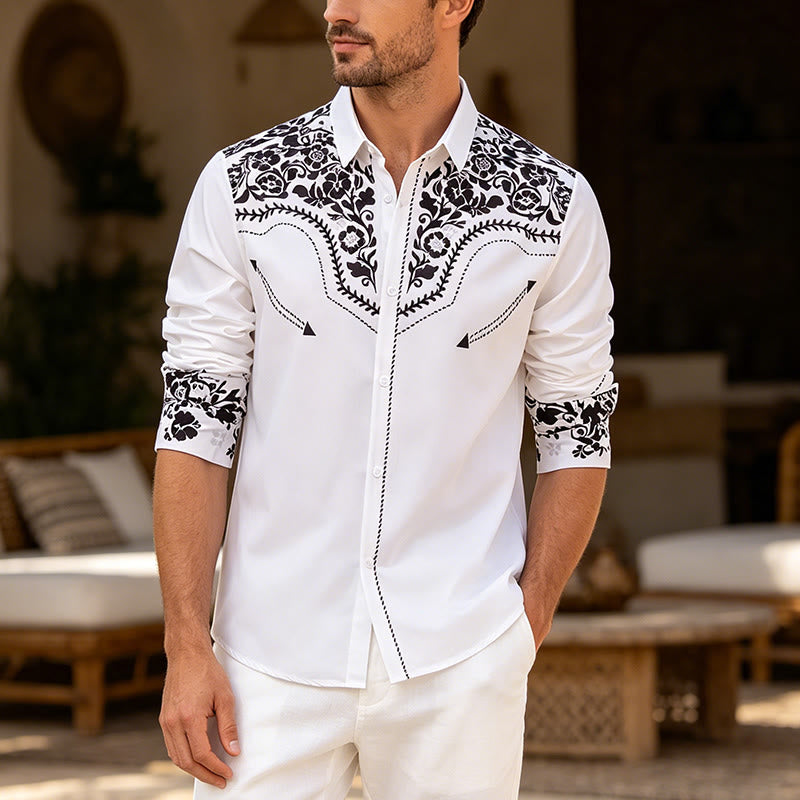 Camicia elegante da uomo in stile western con stampa floreale bianca e nera - Bianco - 6XL - image 0