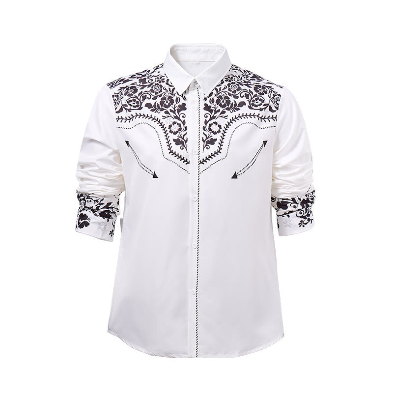 Camicia elegante da uomo in stile western con stampa floreale bianca e nera - image 8