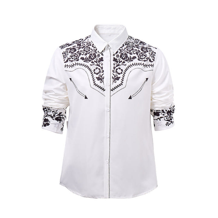 Camicia elegante da uomo in stile western con stampa floreale bianca e nera - image 8