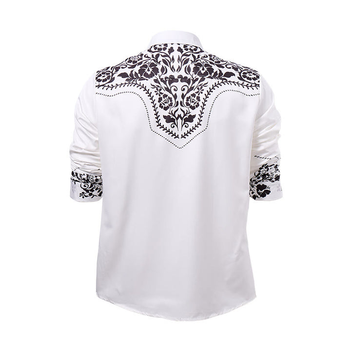 Camicia elegante da uomo in stile western con stampa floreale bianca e nera - image 9