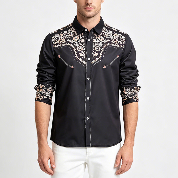 Camicia elegante da uomo in stile western con stampa floreale verde scuro foresta. - image 1