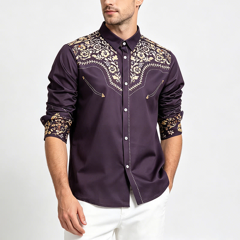 Camicia elegante da uomo Rodeo Tradition con stampa floreale nera e oro - image 1