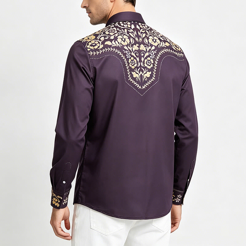 Camicia elegante da uomo Rodeo Tradition con stampa floreale nera e oro - image 3