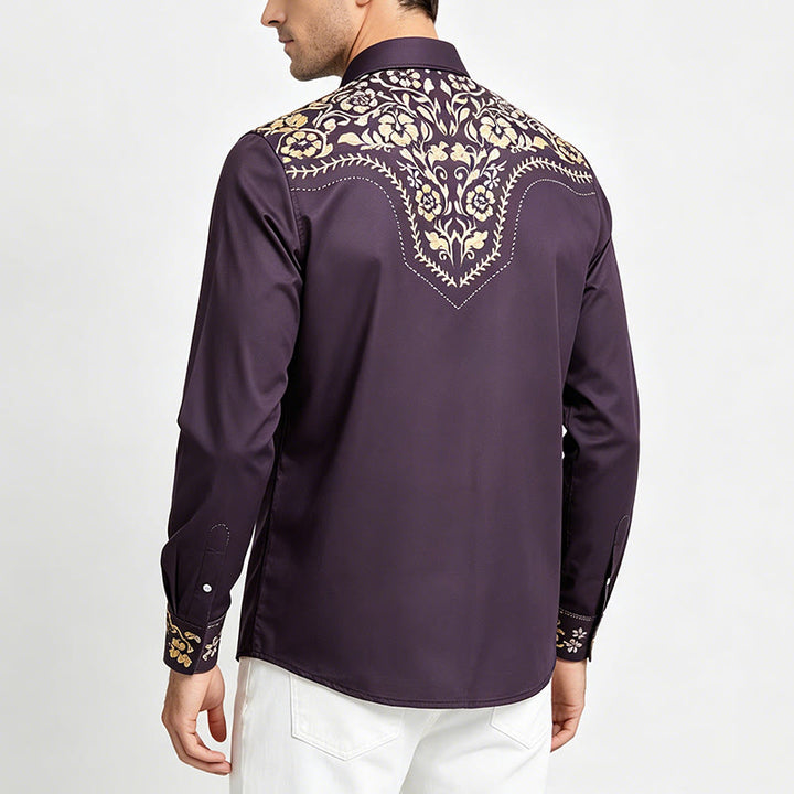 Camicia elegante da uomo Rodeo Tradition con stampa floreale nera e oro - image 3