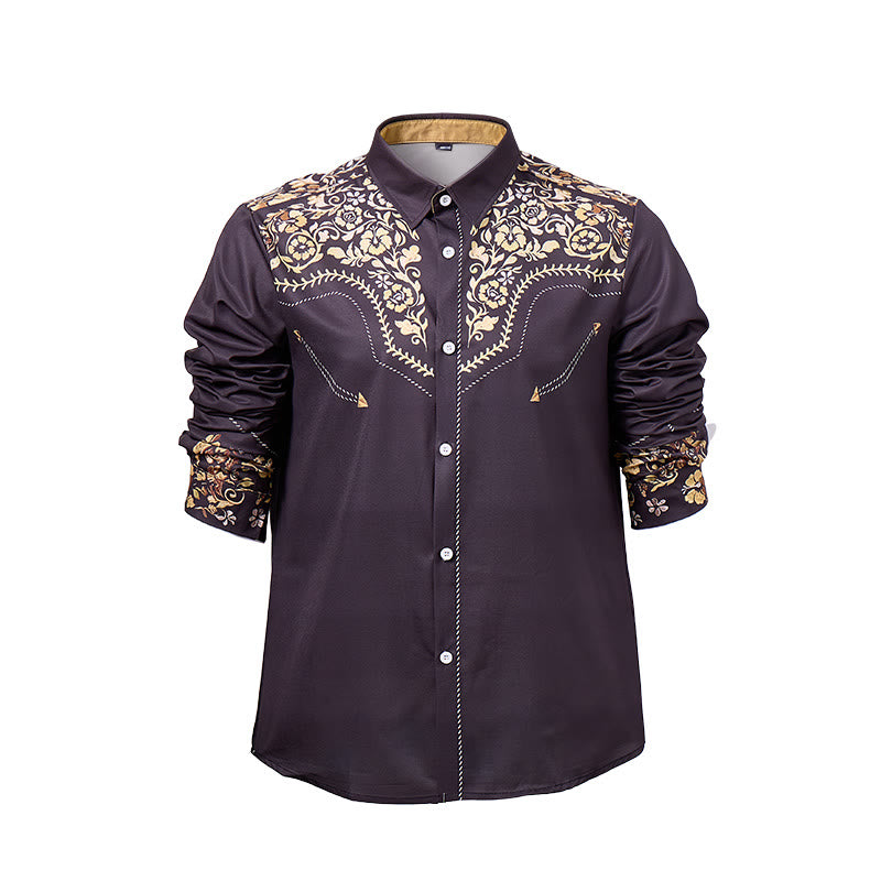 Camicia elegante da uomo Rodeo Tradition con stampa floreale nera e oro - image 8