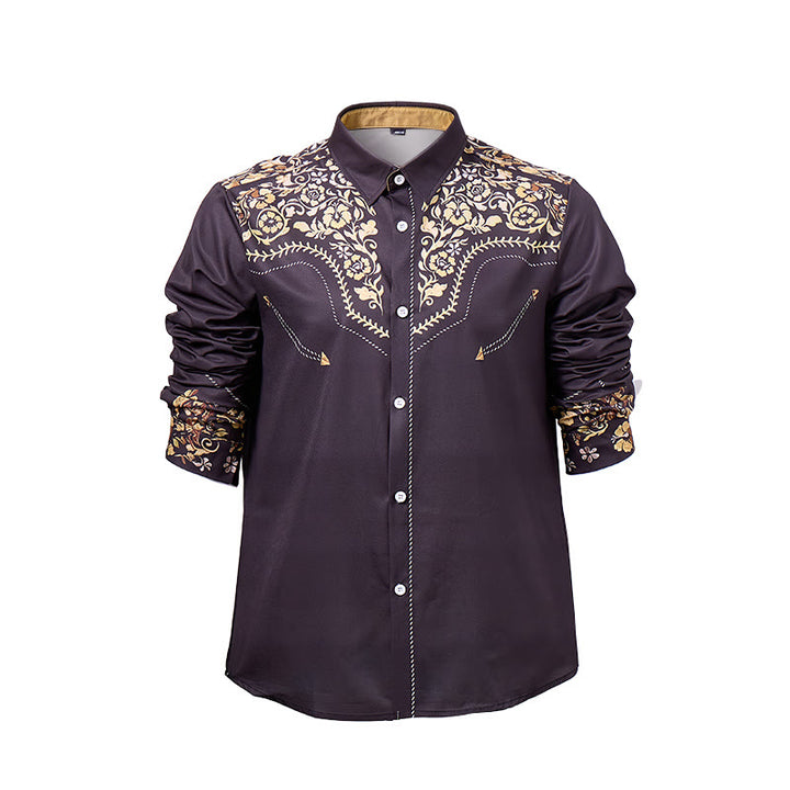 Camicia elegante da uomo Rodeo Tradition con stampa floreale nera e oro - image 8