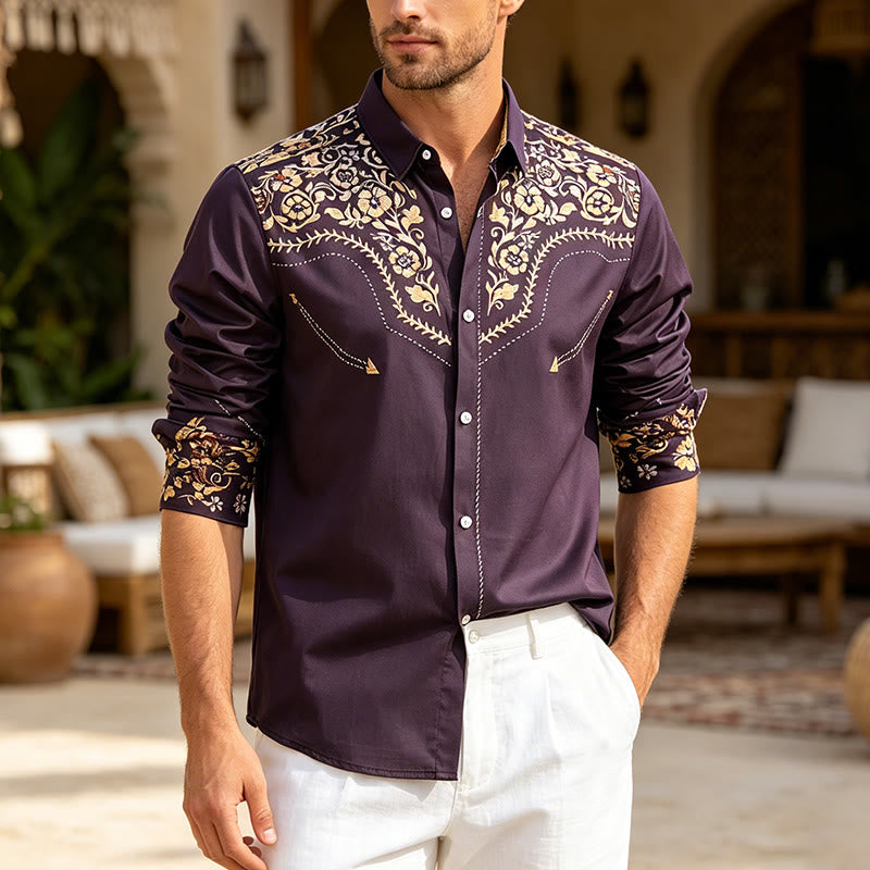 Camicia elegante da uomo Rodeo Tradition con stampa floreale nera e oro - Nero e oro - 6XL - image 0