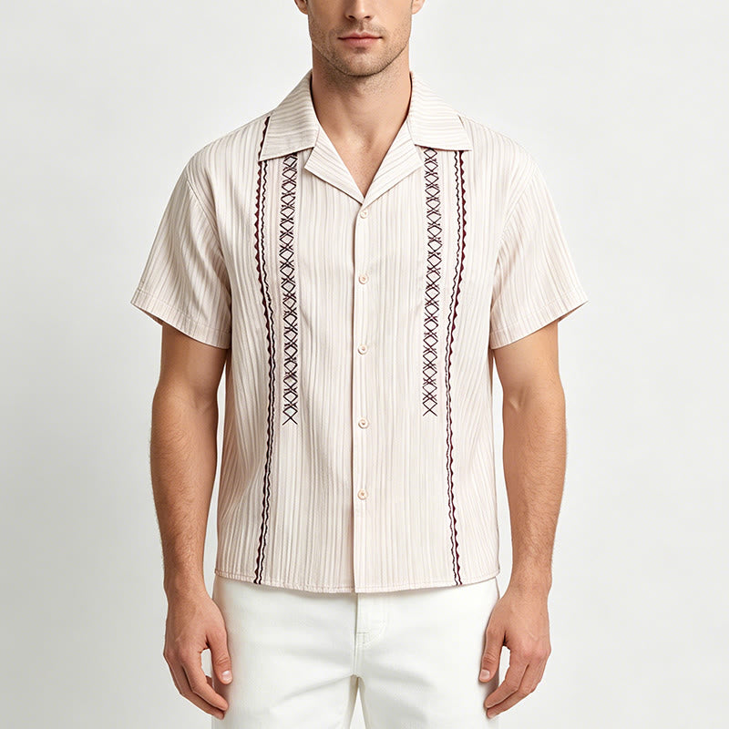 Camicia artigianale beige testurizzata con ricami neri - image 1