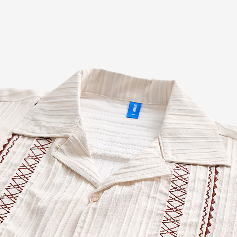 Camicia artigianale beige testurizzata con ricami neri - image 4