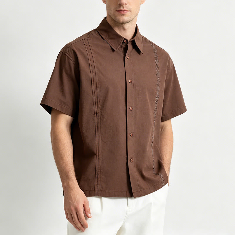 Camicia oversize a maniche corte marrone scuro con ricami laterali. - image 2
