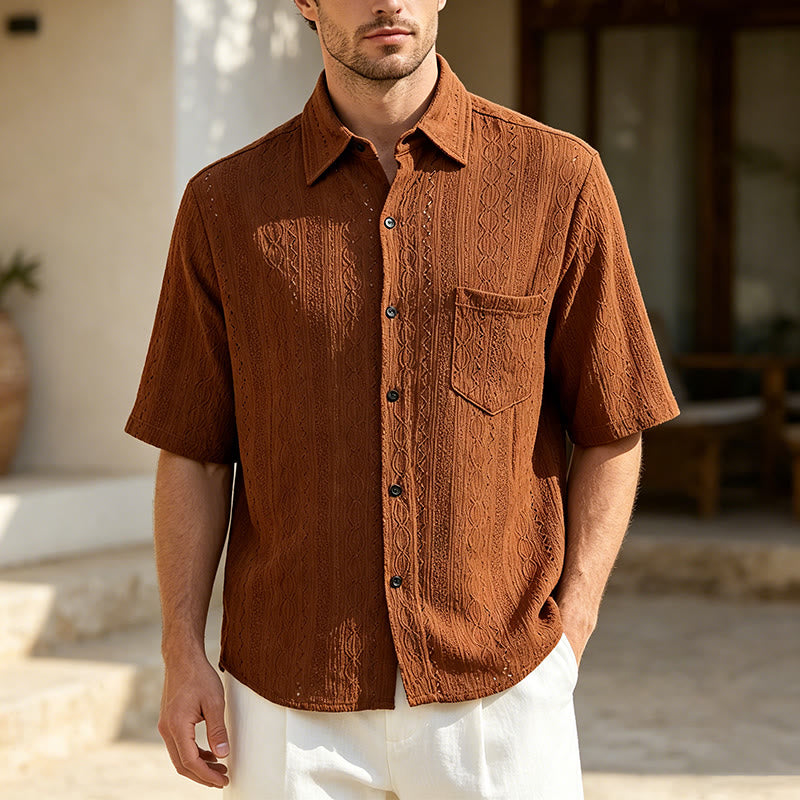 Camicia casual retrò in maglia jacquard con bottoni - Marrone - 2XL - image 0