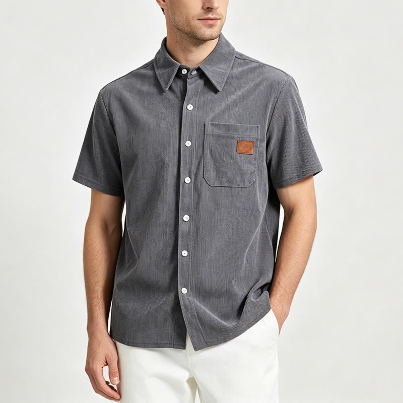 Camicia da uomo in velluto a coste stile retrò da lavoro con taschino con etichetta in pelle - image 2