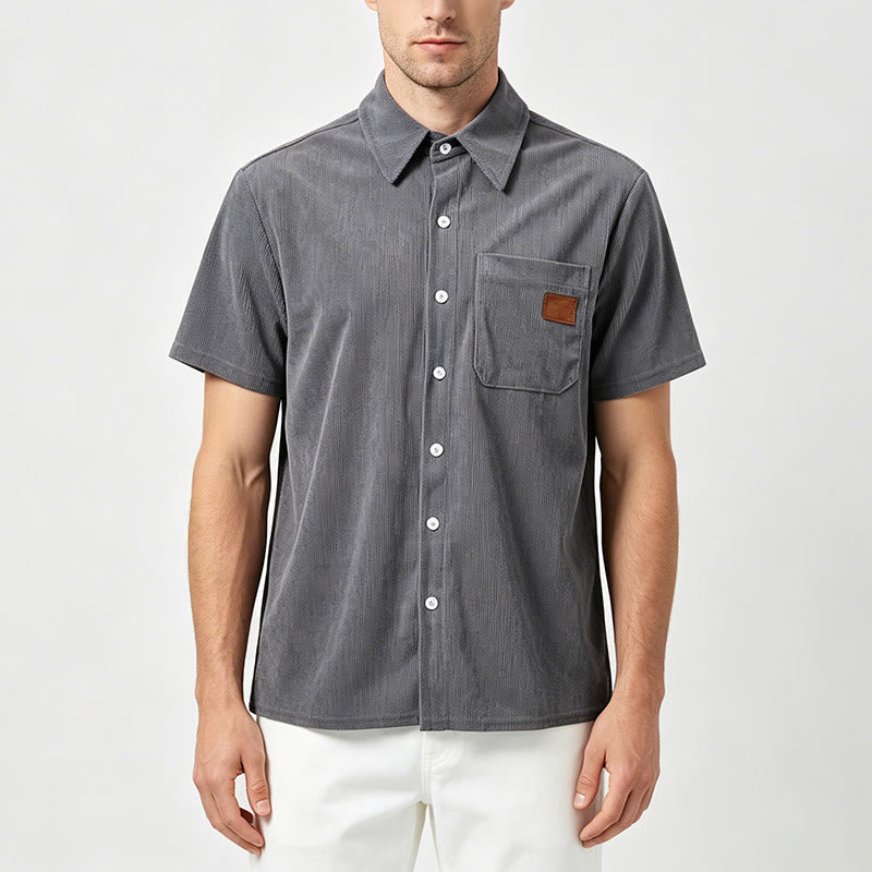 Camicia da uomo in velluto a coste stile retrò da lavoro con taschino con etichetta in pelle - image 1