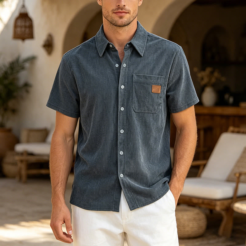 Camicia da uomo in velluto a coste stile retrò da lavoro con taschino con etichetta in pelle - Marina - 4XL - image 6