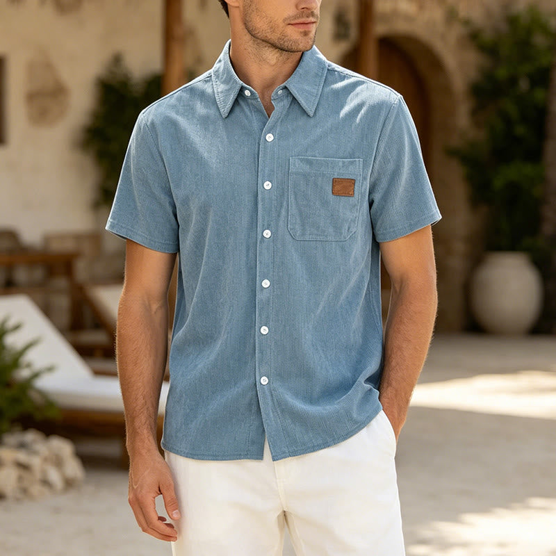 Camicia da uomo in velluto a coste stile retrò da lavoro con taschino con etichetta in pelle - Azzurro chiaro - 4XL - image 7