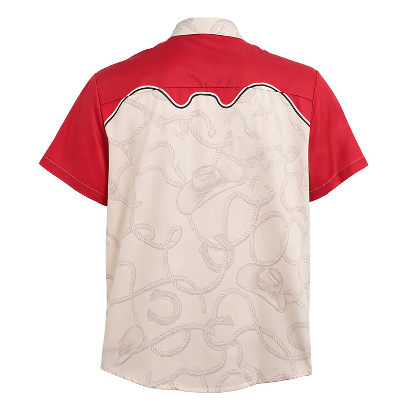 Camicia da uomo in stile western rossa e beige con stampa di un simpatico gatto cowboy. - image 5