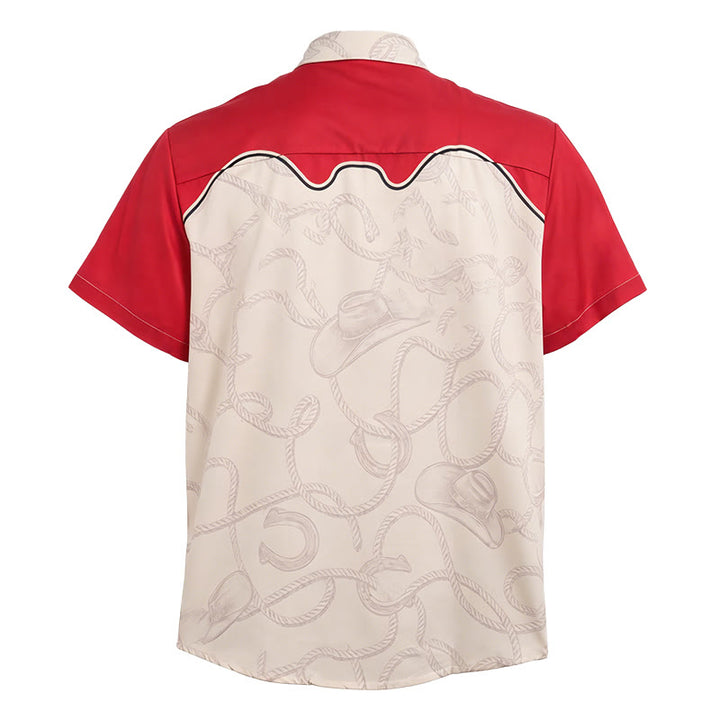 Camicia da uomo in stile western rossa e beige con stampa di un simpatico gatto cowboy. - image 5
