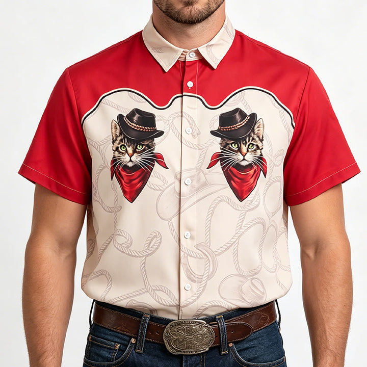 Camicia da uomo in stile western rossa e beige con stampa di un simpatico gatto cowboy. - image 1
