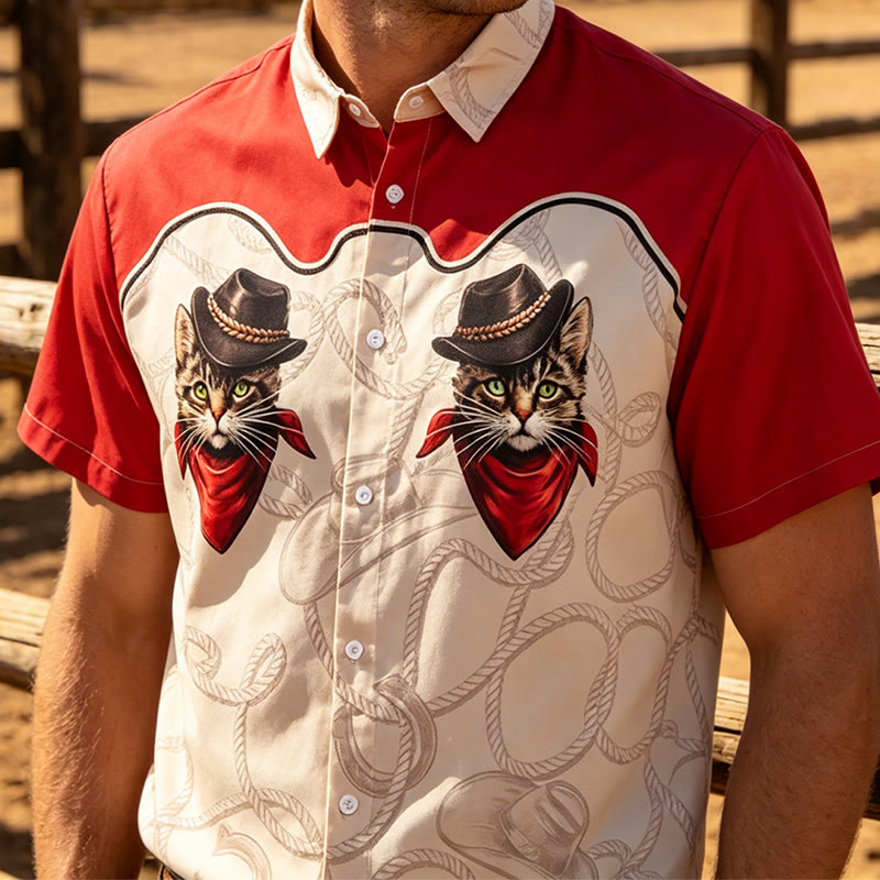 Camicia da uomo in stile western rossa e beige con stampa di un simpatico gatto cowboy. - Rosso e beige - 5XL - image 0