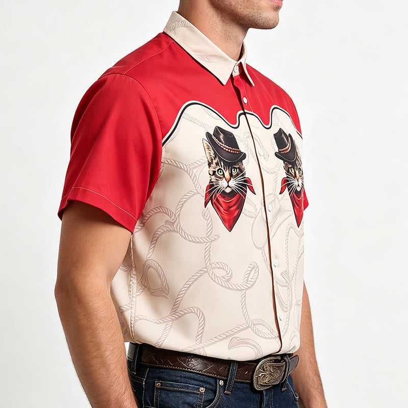 Camicia da uomo in stile western rossa e beige con stampa di un simpatico gatto cowboy. - image 2
