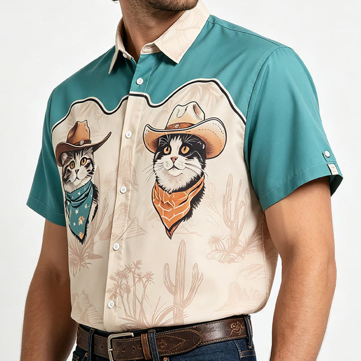 Camicia da uomo color verde acqua e beige con stampa di gatto da cowboy del deserto western - image 2