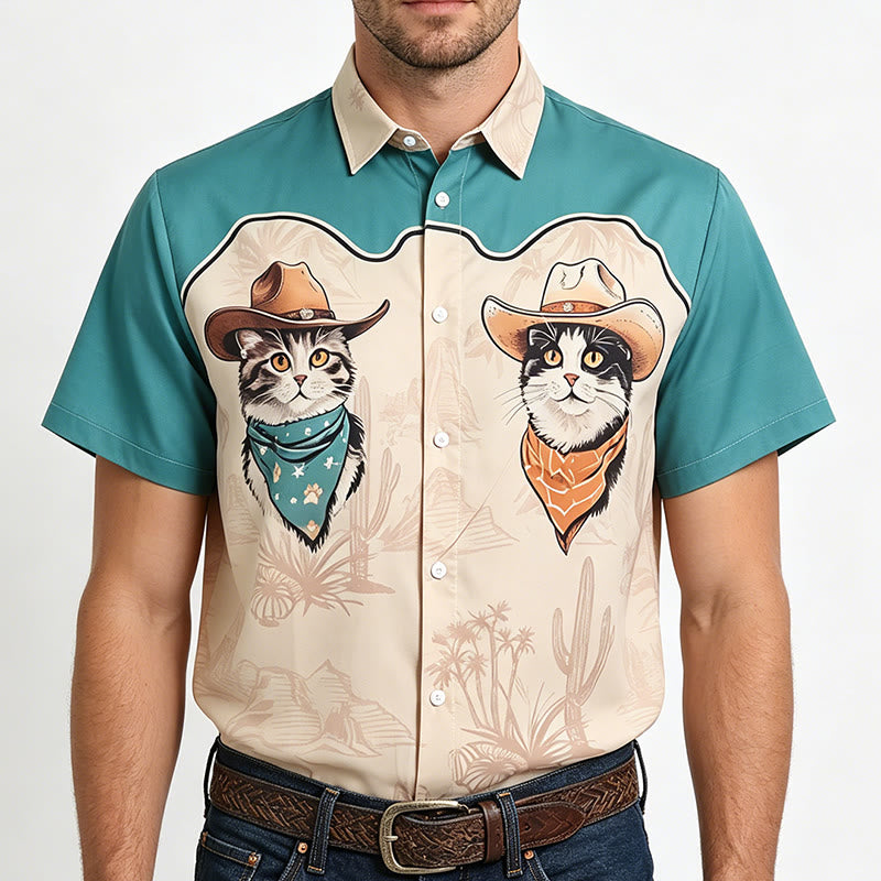 Camicia da uomo color verde acqua e beige con stampa di gatto da cowboy del deserto western - image 1