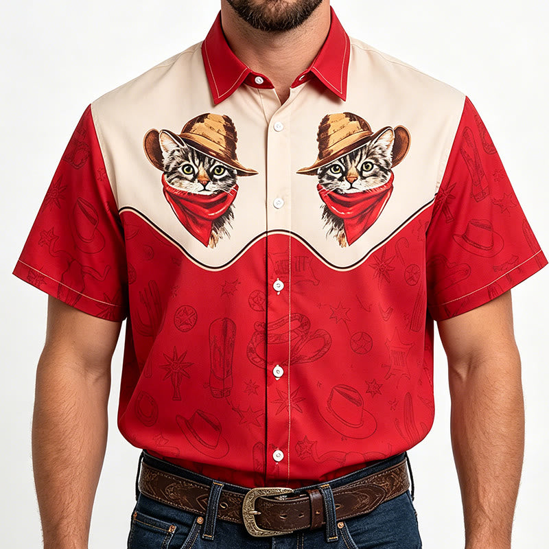 Camicia da uomo vintage con stampa a tema western con cactus e gatto - Rosso - 5XL - image 1