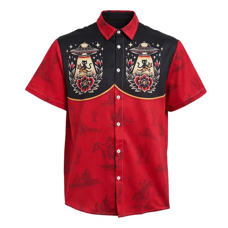 Camicia da uomo Weirdcore con stampa a tema gatto alieno e western. - image 4