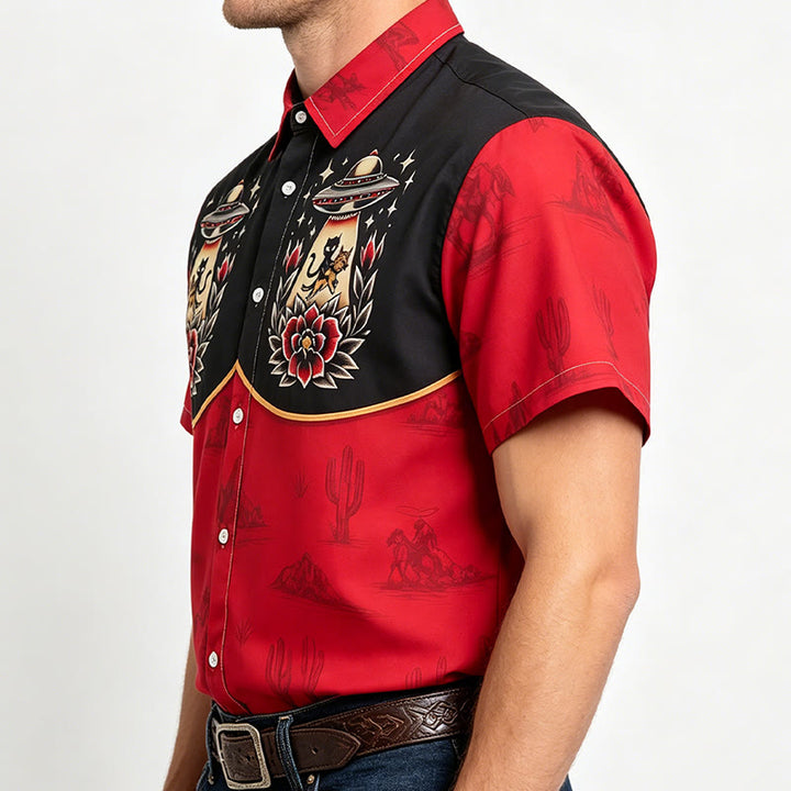 Camicia da uomo Weirdcore con stampa a tema gatto alieno e western. - image 2