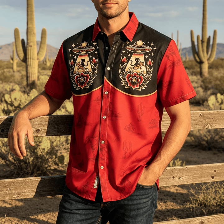 Camicia da uomo Weirdcore con stampa a tema gatto alieno e western. - image 0