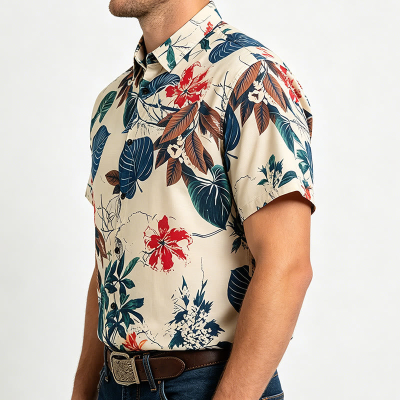 Camicia da uomo color crema con stampa botanica e tema tropicale. - image 2