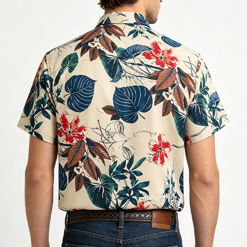 Camicia da uomo color crema con stampa botanica e tema tropicale. - image 3