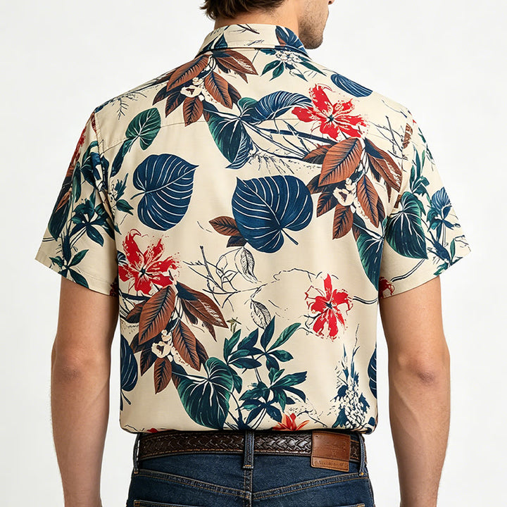 Camicia da uomo color crema con stampa botanica e tema tropicale. - image 3