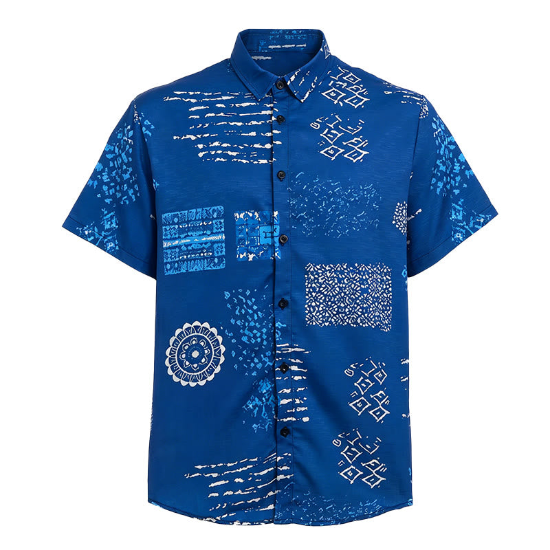 Camicia da uomo blu navy con stampa patchwork ispirata al batik. - image 4