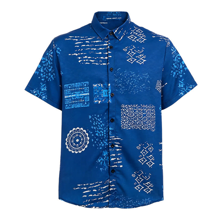 Camicia da uomo blu navy con stampa patchwork ispirata al batik. - image 4