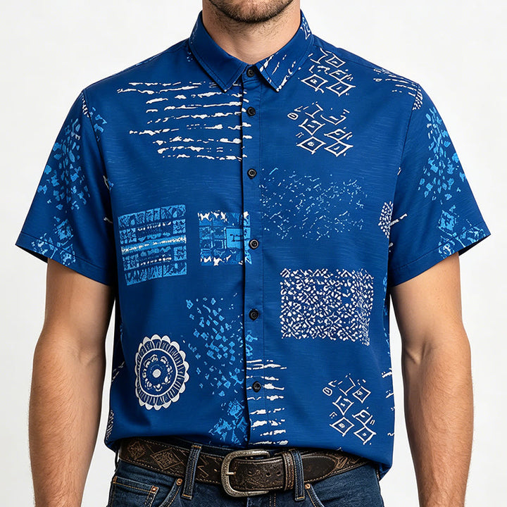Camicia da uomo blu navy con stampa patchwork ispirata al batik. - Blu navy - 5XL - image 1