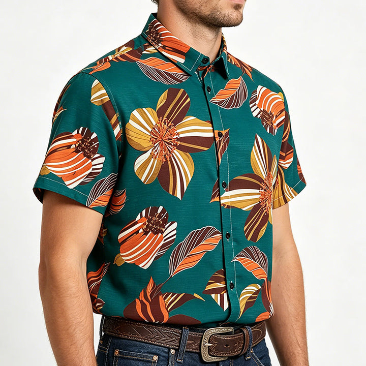 Camicia da uomo color verde acqua con stampa botanica floreale hawaiana - image 2