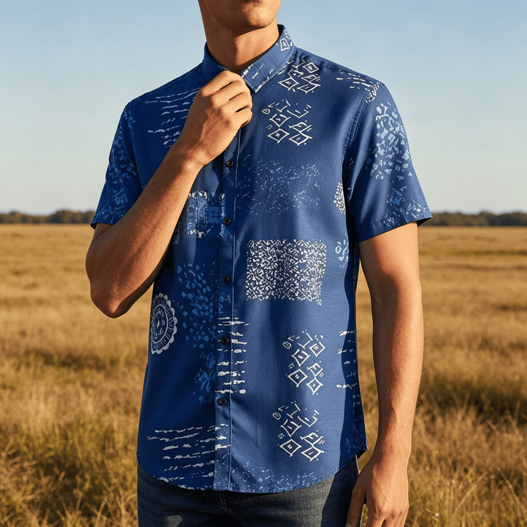 Camicia da uomo blu navy con stampa patchwork ispirata al batik. - image 0