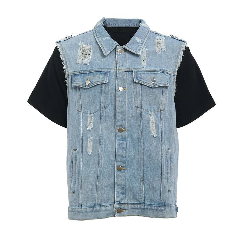 Gilet da uomo in denim strappato e senza maniche, effetto usurato - image 7